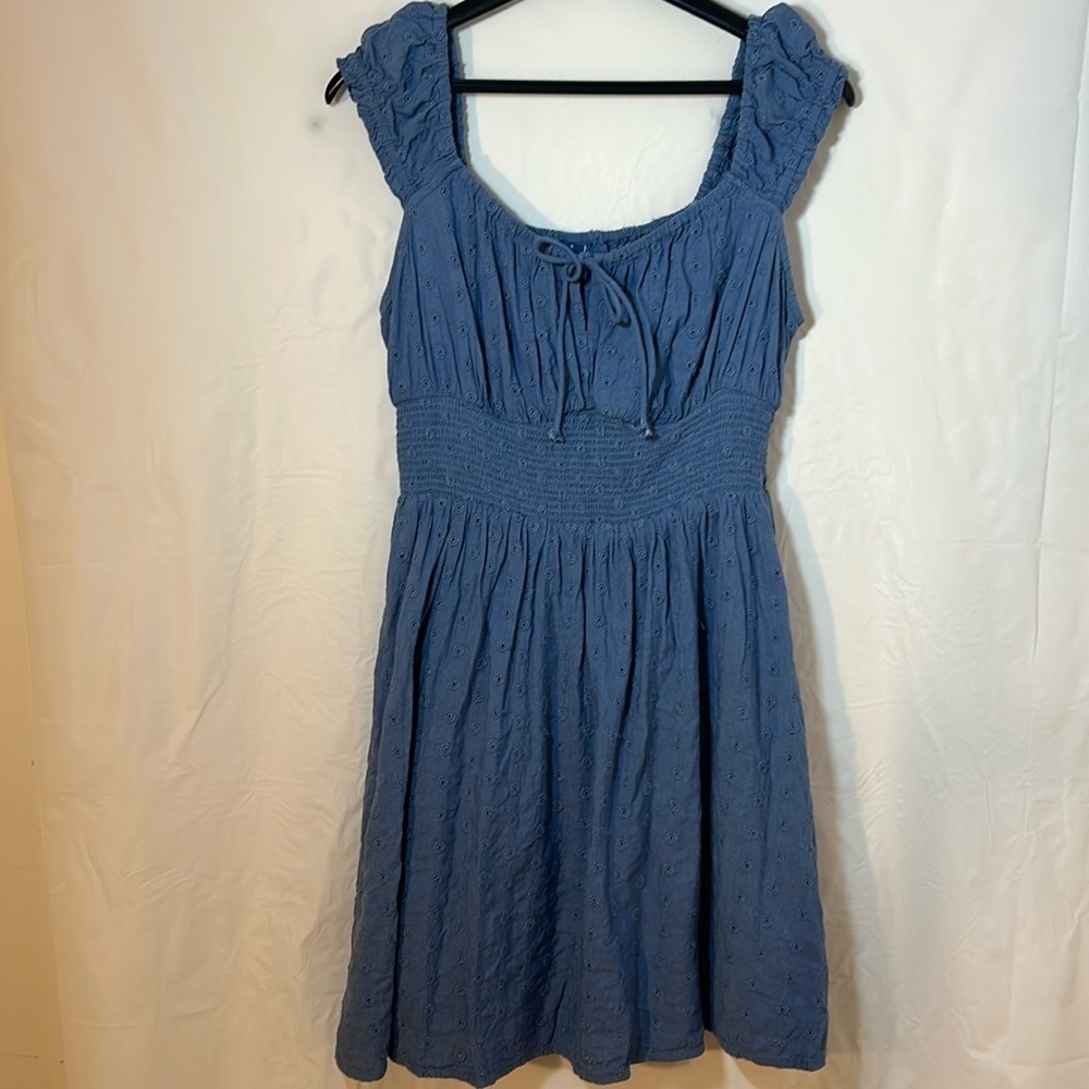 Sundress blue eyelet cap sleeve women small cottage core cotton polyester